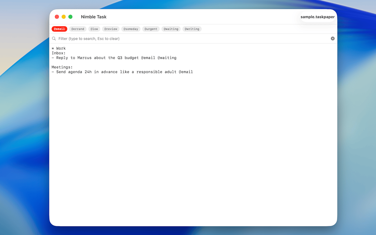 Nimble Task main window showing tasks organized by categories